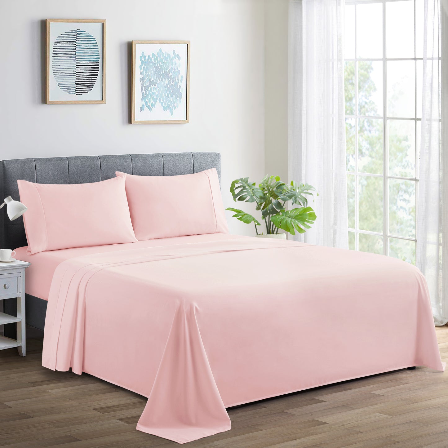 600 Thread Count Cotton Percale Soft Deep Pocket Solid Bedding All Season Sheet Set, Pink