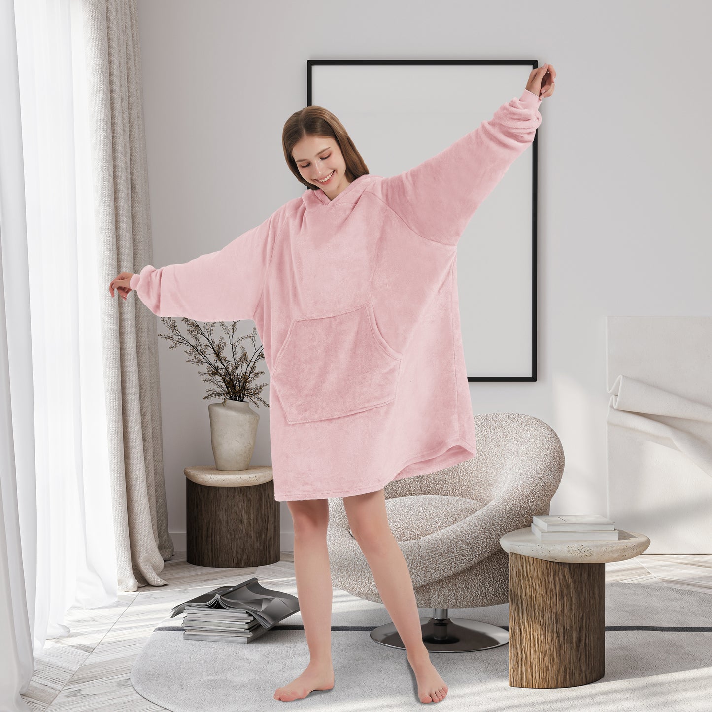 Wearable Hoodie Blanket with Sleeves and Giant Pocket Plush Hooded Sweatshirt for Adults Light Pink Color
