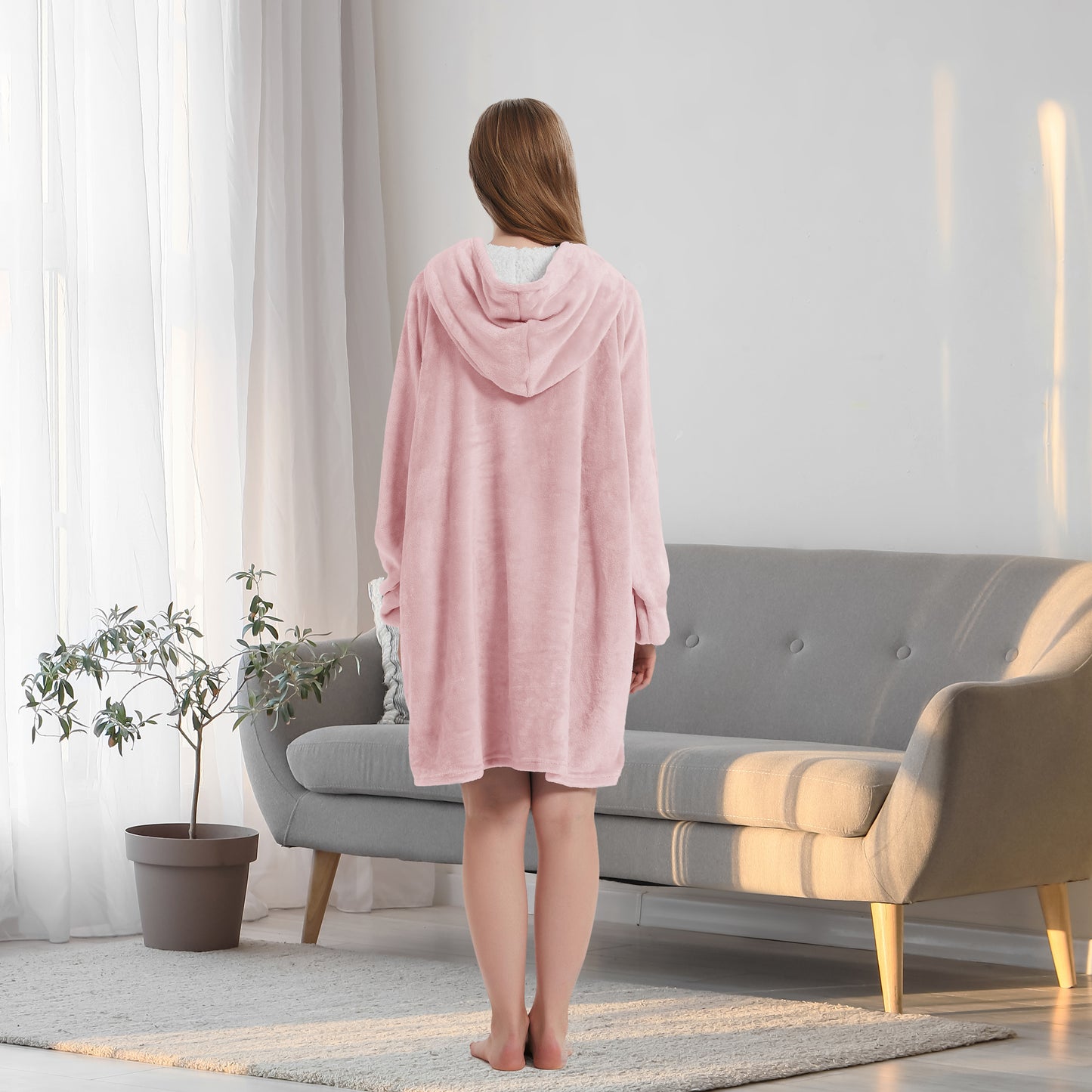 Wearable Hoodie Blanket with Sleeves and Giant Pocket Plush Hooded Sweatshirt for Adults Light Pink Color
