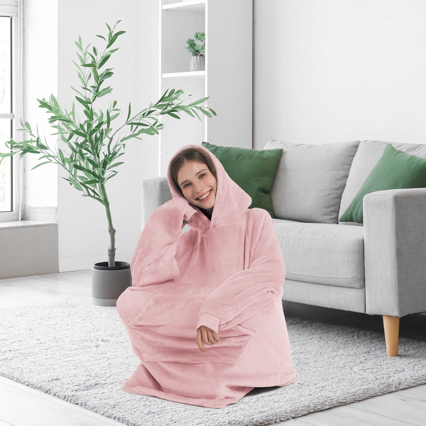 Wearable Hoodie Blanket with Sleeves and Giant Pocket Plush Hooded Sweatshirt for Adults Light Pink Color