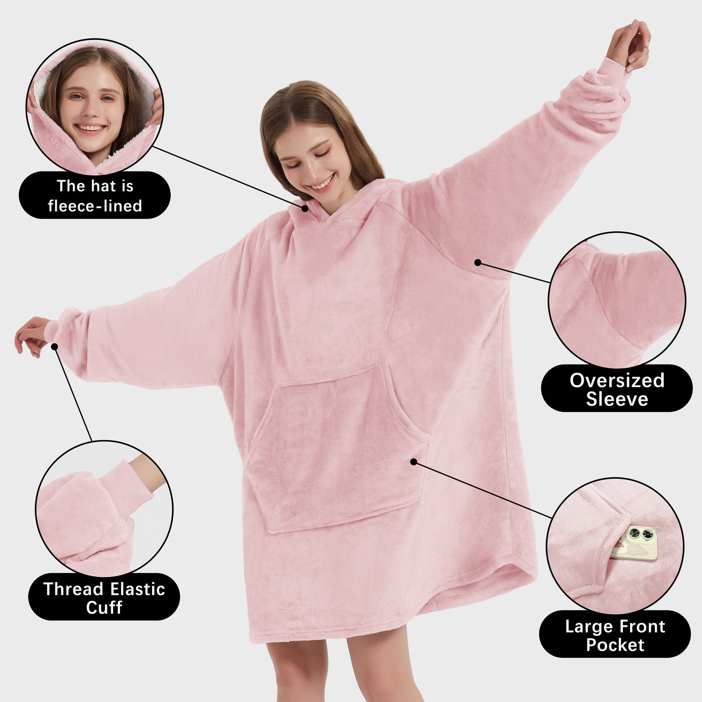 Wearable Hoodie Blanket with Sleeves and Giant Pocket Plush Hooded Sweatshirt for Adults Light Pink Color