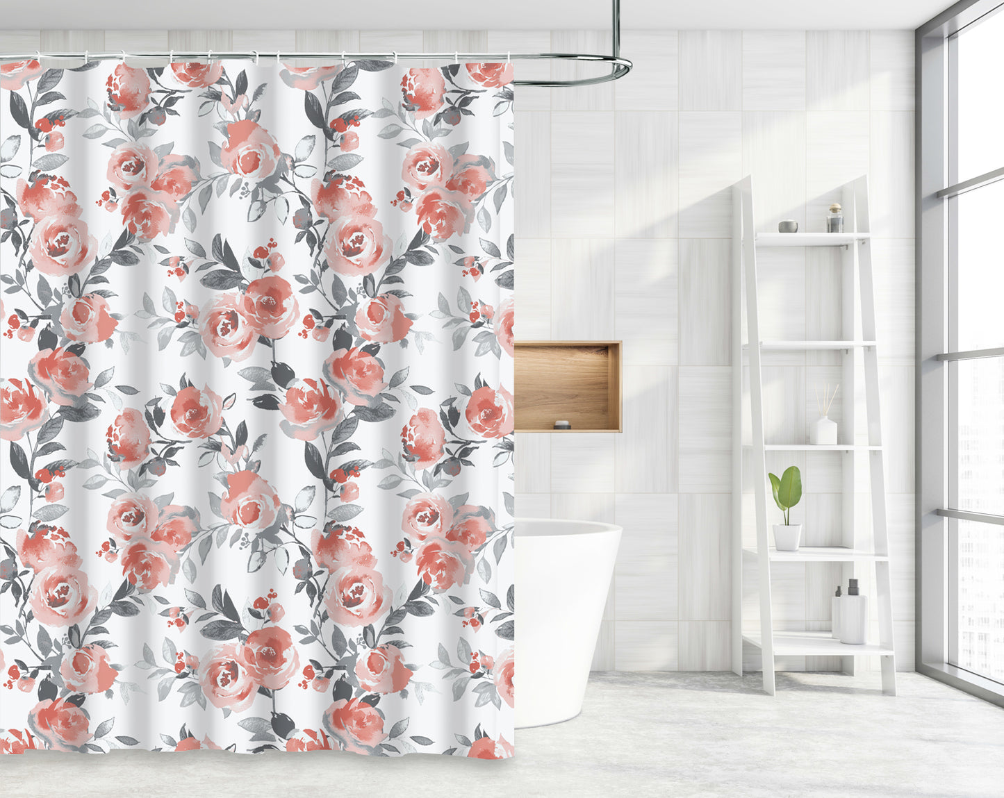 Waterproof Decor Printed Shower Curtain with Roller Hooks, Floral Pattern