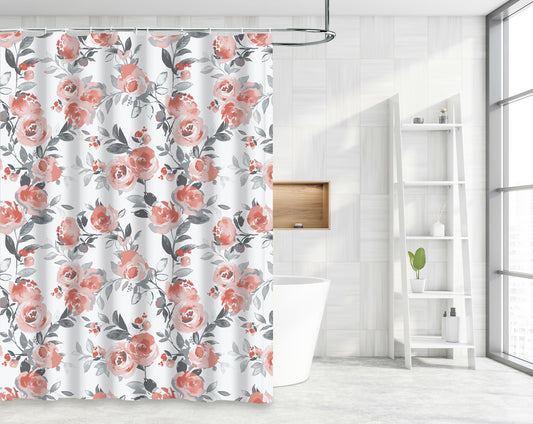 Waterproof Decor Printed Shower Curtain with Roller Hooks, Floral Pattern