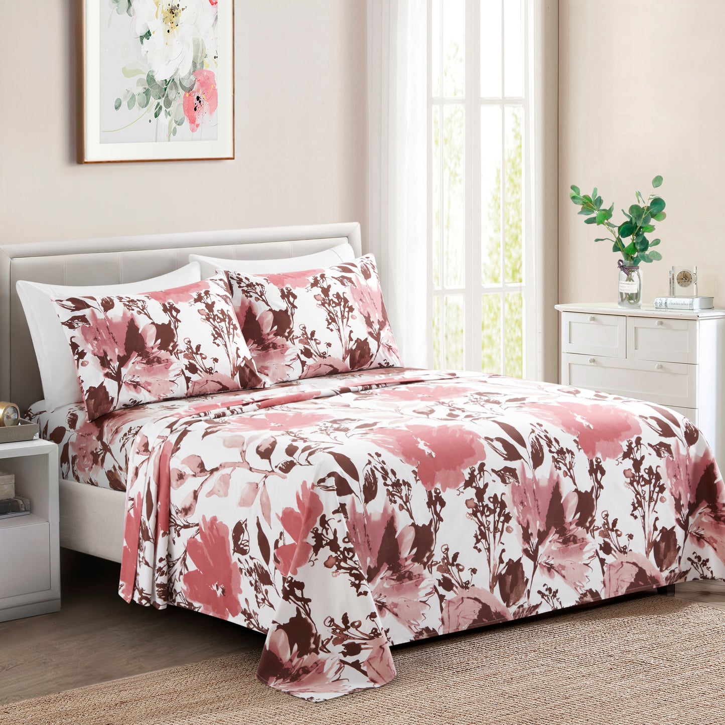 Printed Rayon from Bamboo Soft Deep Pocket Bedding All Season Sheet Set, Pink Red Floral