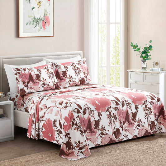 Printed Rayon from Bamboo Soft Deep Pocket Bedding All Season Sheet Set, Pink Red Floral