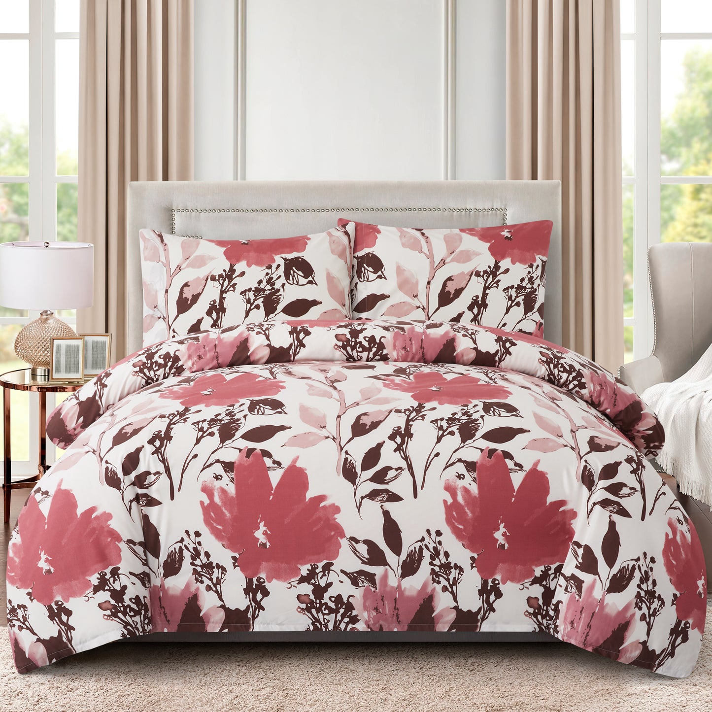 Printed Rayon from Bamboo Soft Bedding Silky Zipper All Season Duvet Cover Set, Pink Red Floral