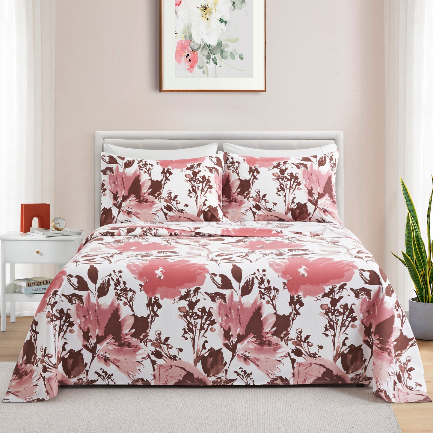 Printed Rayon from Bamboo Soft Deep Pocket Bedding All Season Sheet Set, Pink Red Floral