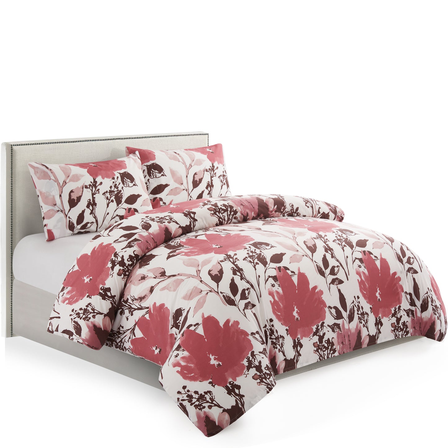 Printed Rayon from Bamboo Soft Bedding Silky Zipper All Season Duvet Cover Set, Pink Red Floral