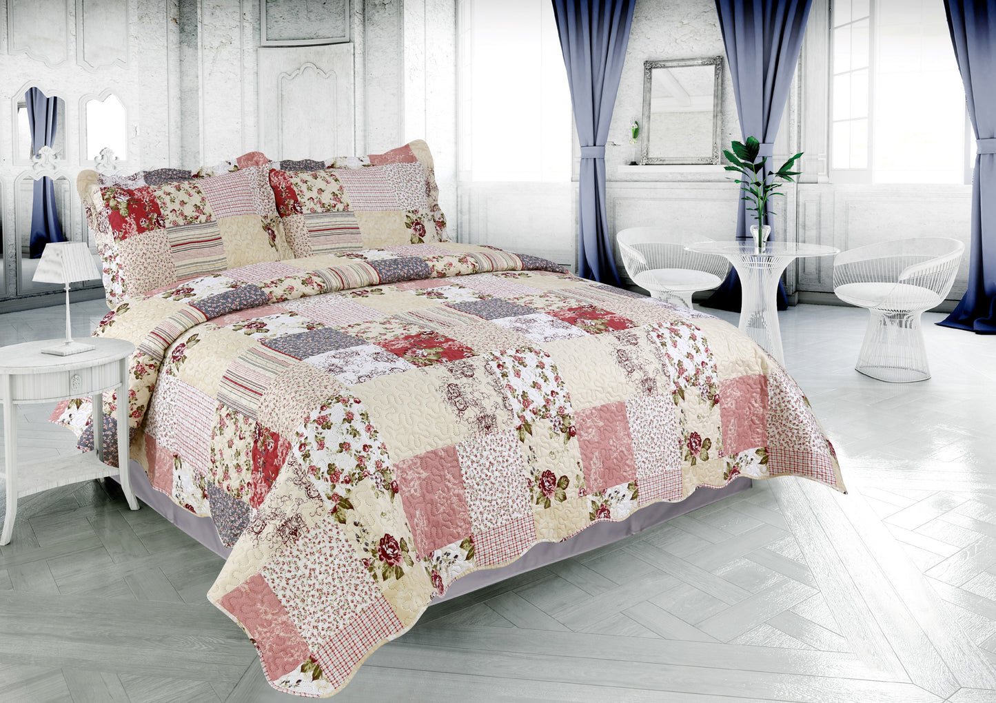 Printed Embossed Pinsonic Soft Bedding Summer Quilt Set, Floral Plaid