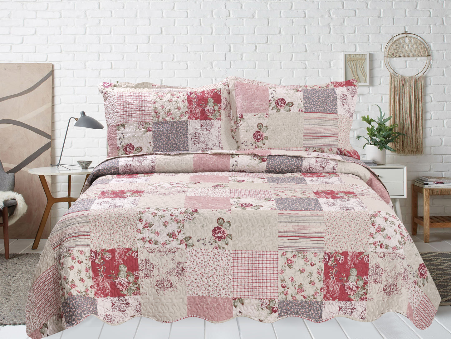 Printed Embossed Pinsonic Soft Bedding Summer Quilt Set, Floral Plaid