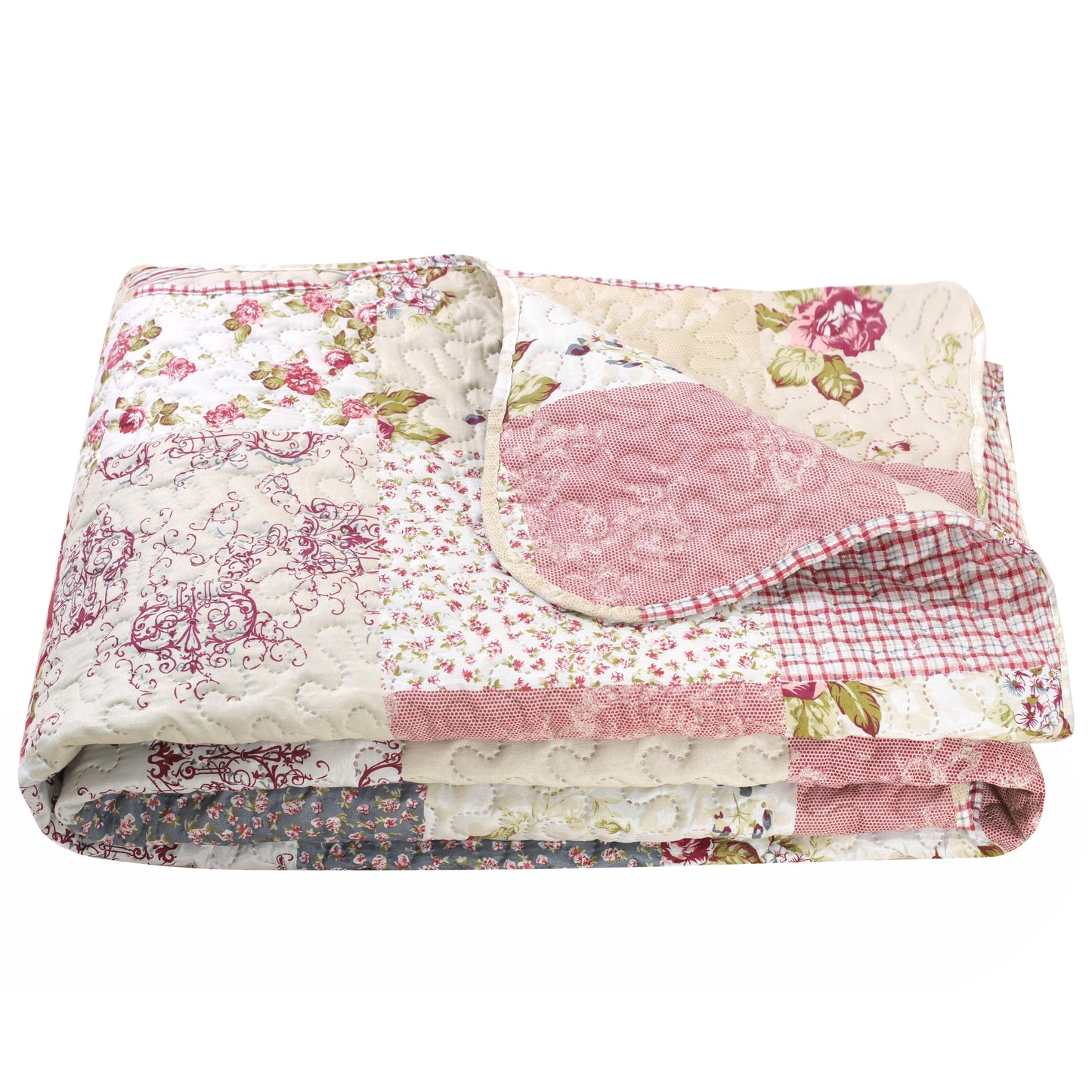Printed Embossed Pinsonic Soft Bedding Summer Quilt Set, Floral Plaid