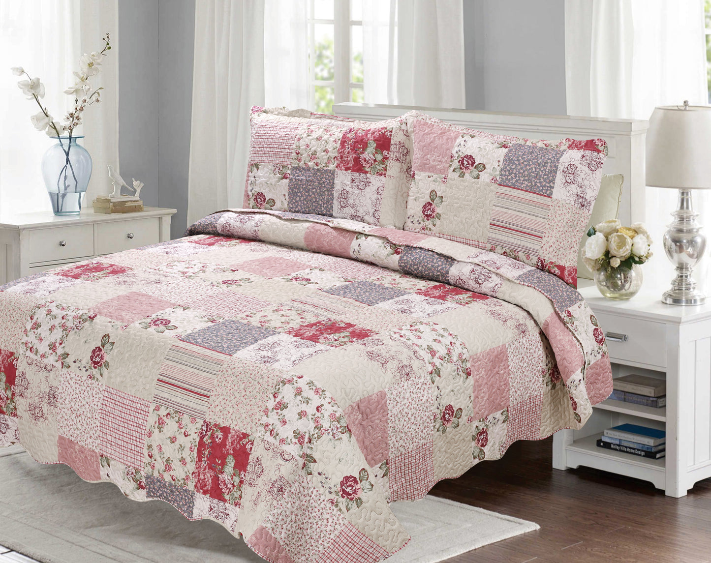 Printed Embossed Pinsonic Soft Bedding Summer Quilt Set, Floral Plaid