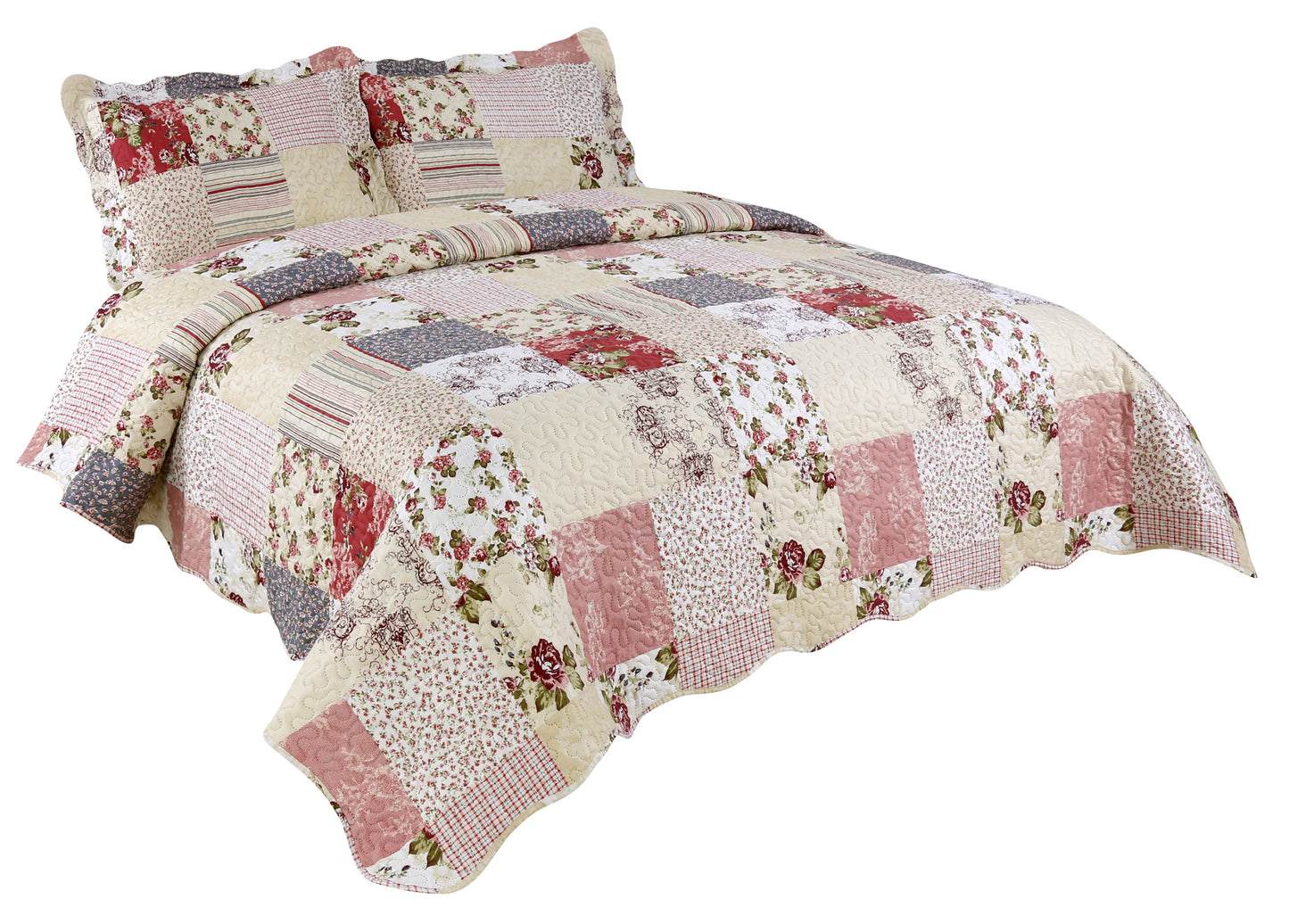 Printed Embossed Pinsonic Soft Bedding Summer Quilt Set, Floral Plaid