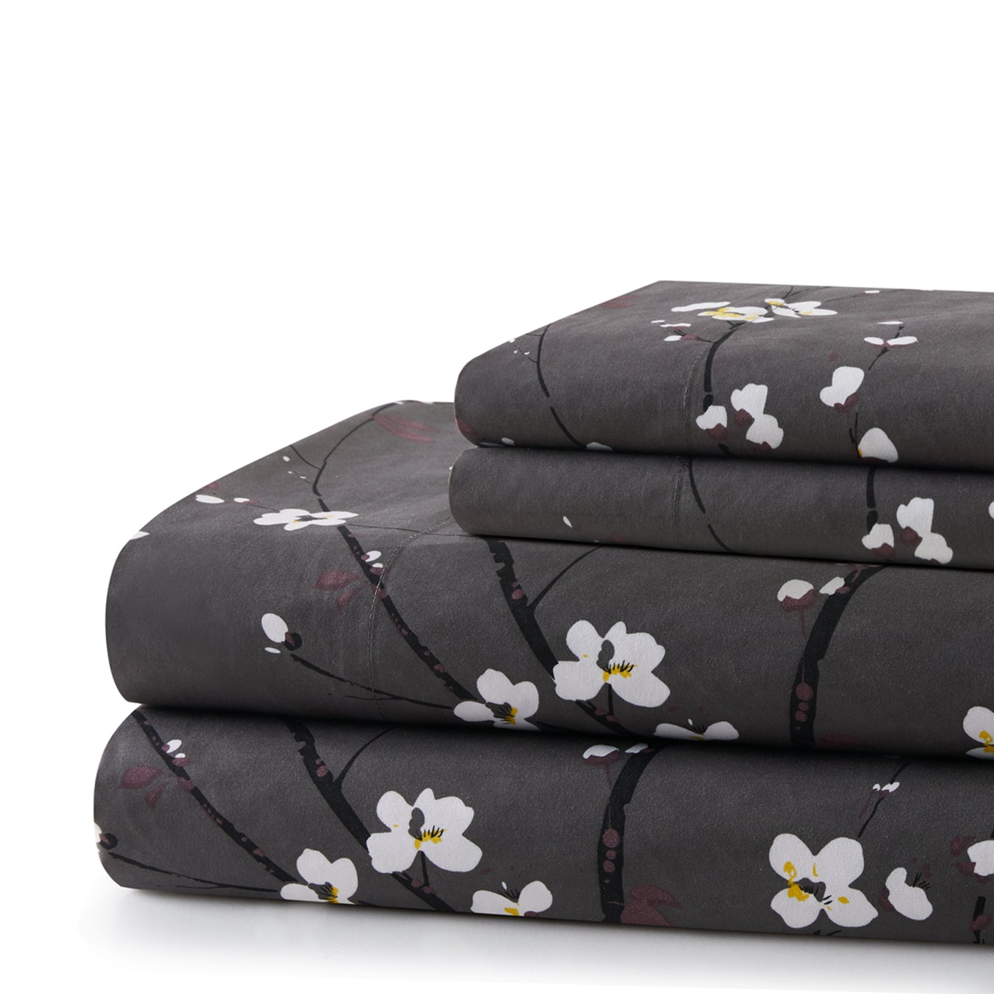 Printed Cotton Blend Percale 600 Thread Count Soft Deep Pocket All Season Bedding Sheet Set, Plum Blossom Floral Grey Pattern