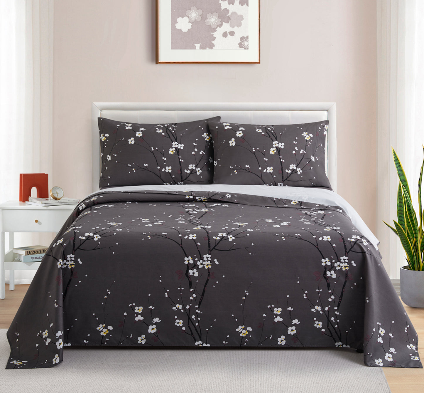 Printed Cotton Blend Percale 600 Thread Count Soft Deep Pocket All Season Bedding Sheet Set, Plum Blossom Floral Grey Pattern