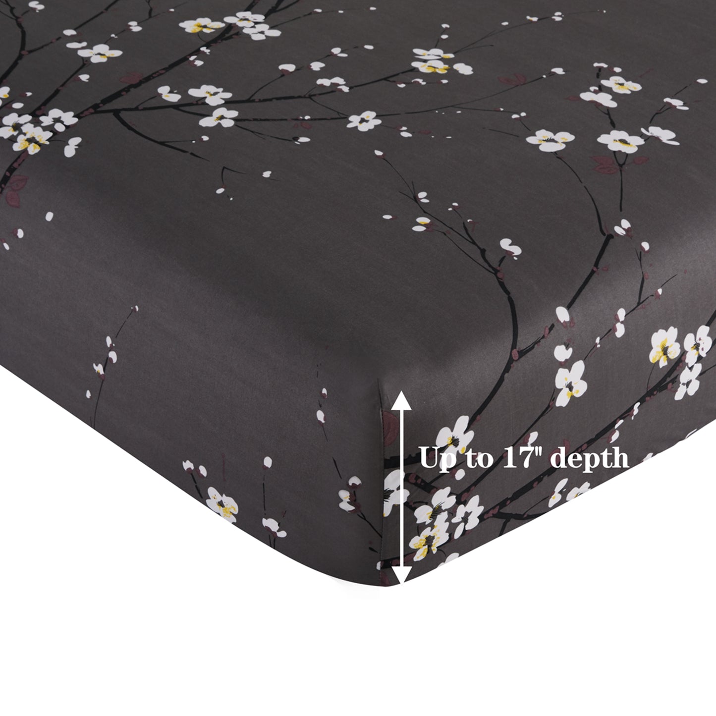 Printed Cotton Blend Percale 600 Thread Count Soft Deep Pocket All Season Bedding Sheet Set, Plum Blossom Floral Grey Pattern