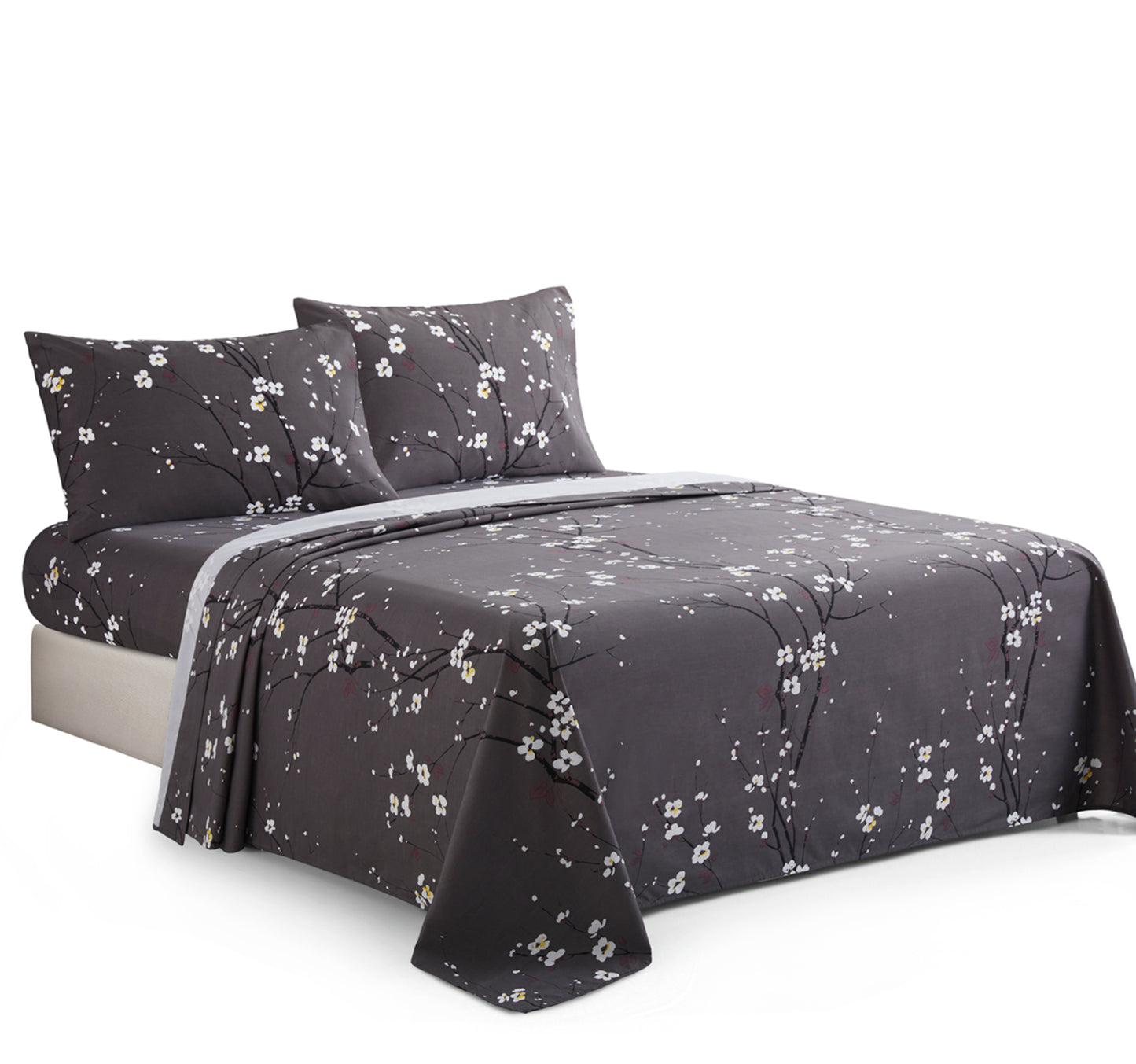Printed Cotton Blend Percale 600 Thread Count Soft Deep Pocket All Season Bedding Sheet Set, Plum Blossom Floral Grey Pattern