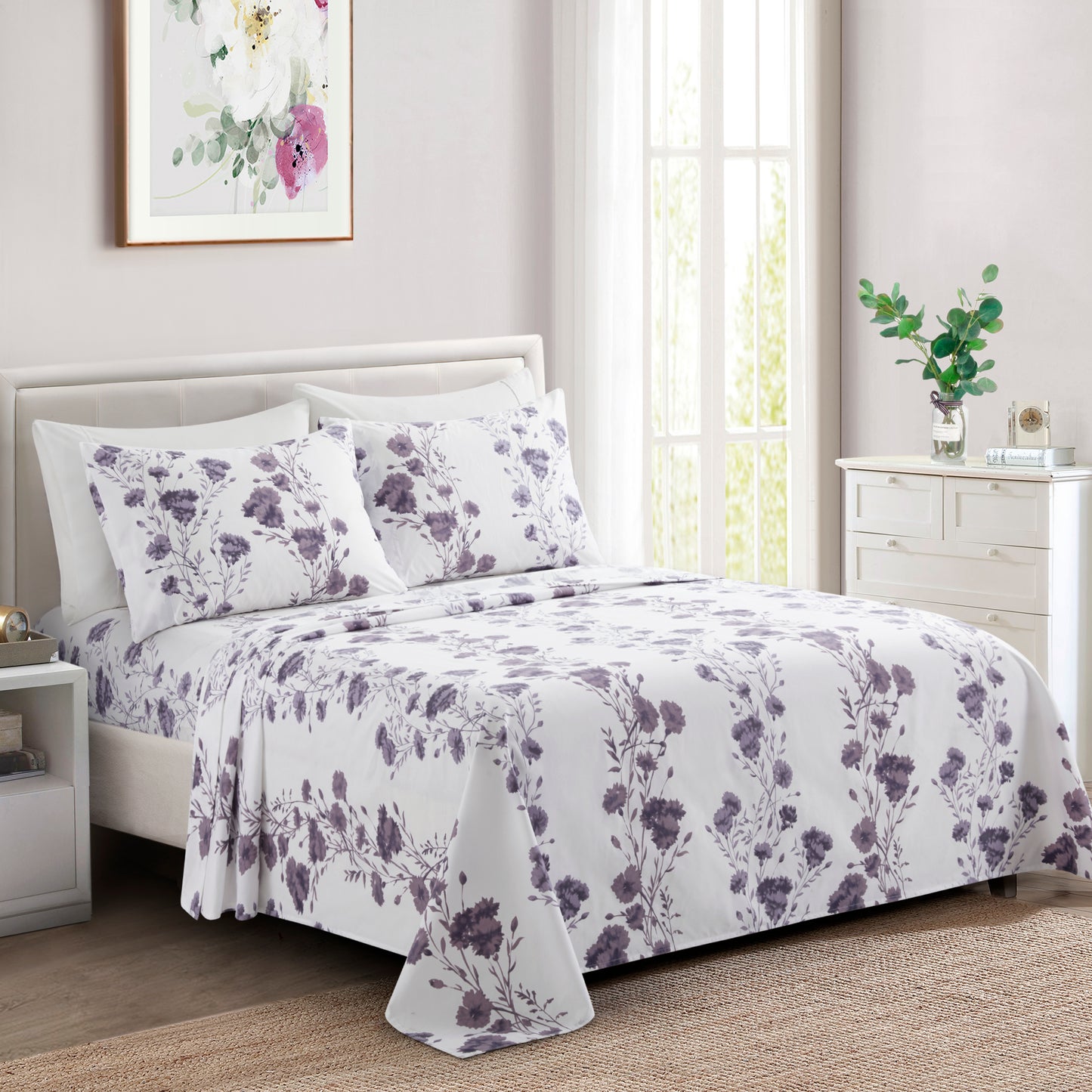 Printed Rayon from Bamboo Soft Deep Pocket Bedding All Season Sheet Set, Purple Carnation Floral