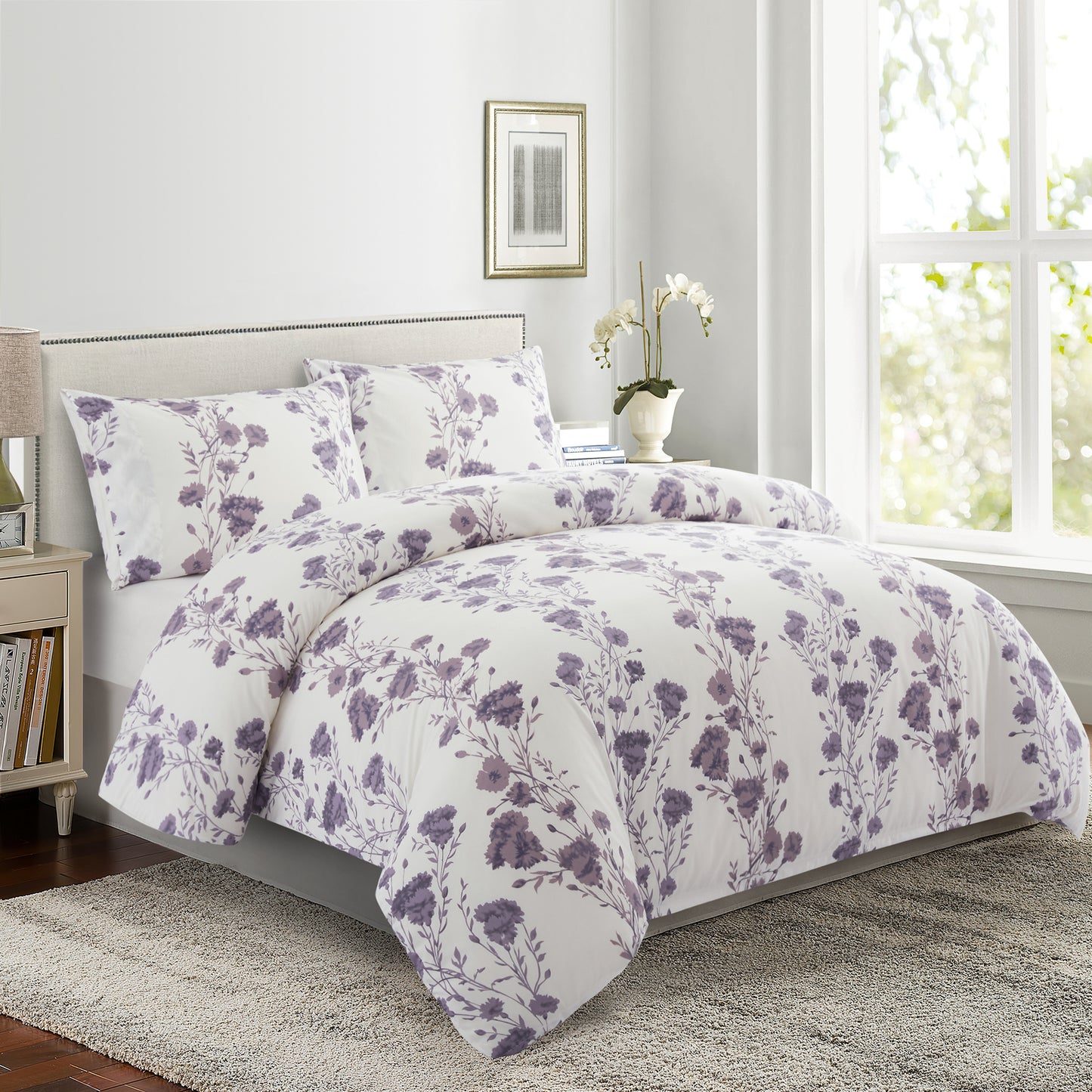 Printed Rayon from Bamboo Soft Bedding Silky Zipper All Season Duvet Cover Set, Purple Carnation Floral