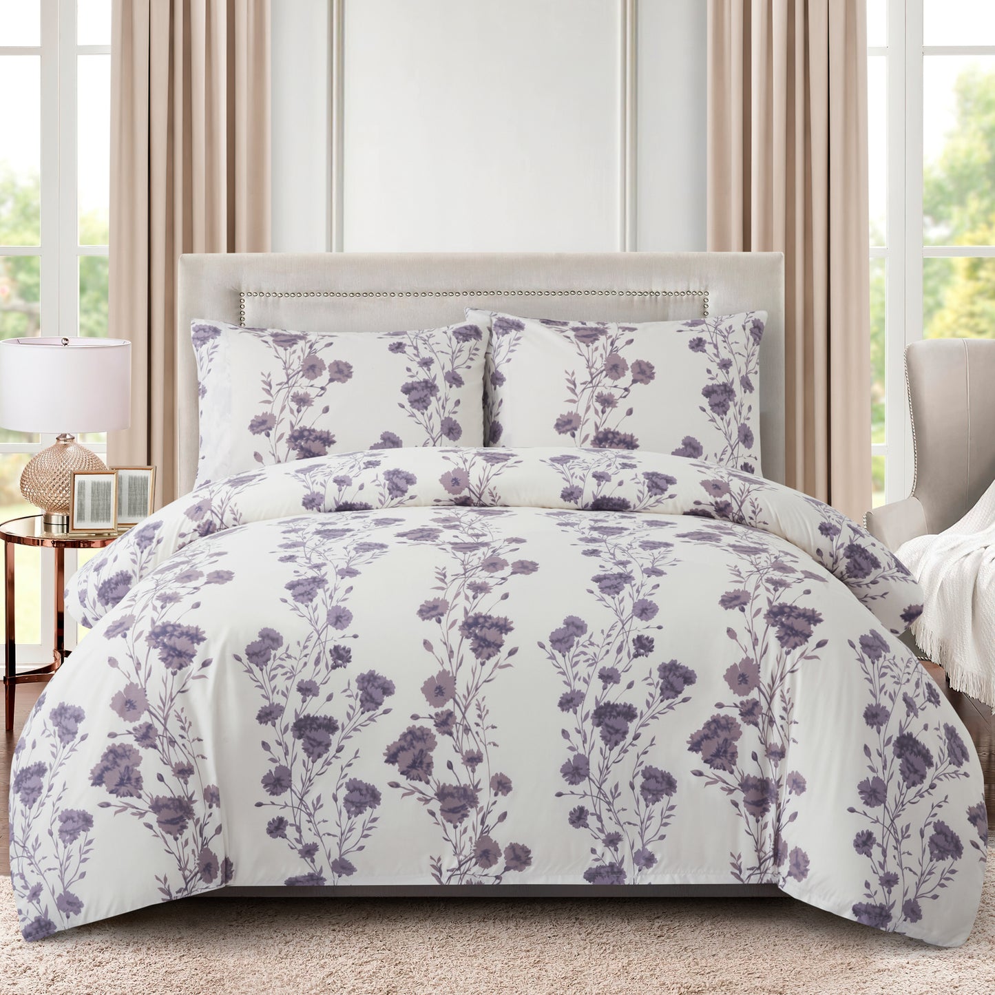 Printed Rayon from Bamboo Soft Bedding Silky Zipper All Season Duvet Cover Set, Purple Carnation Floral