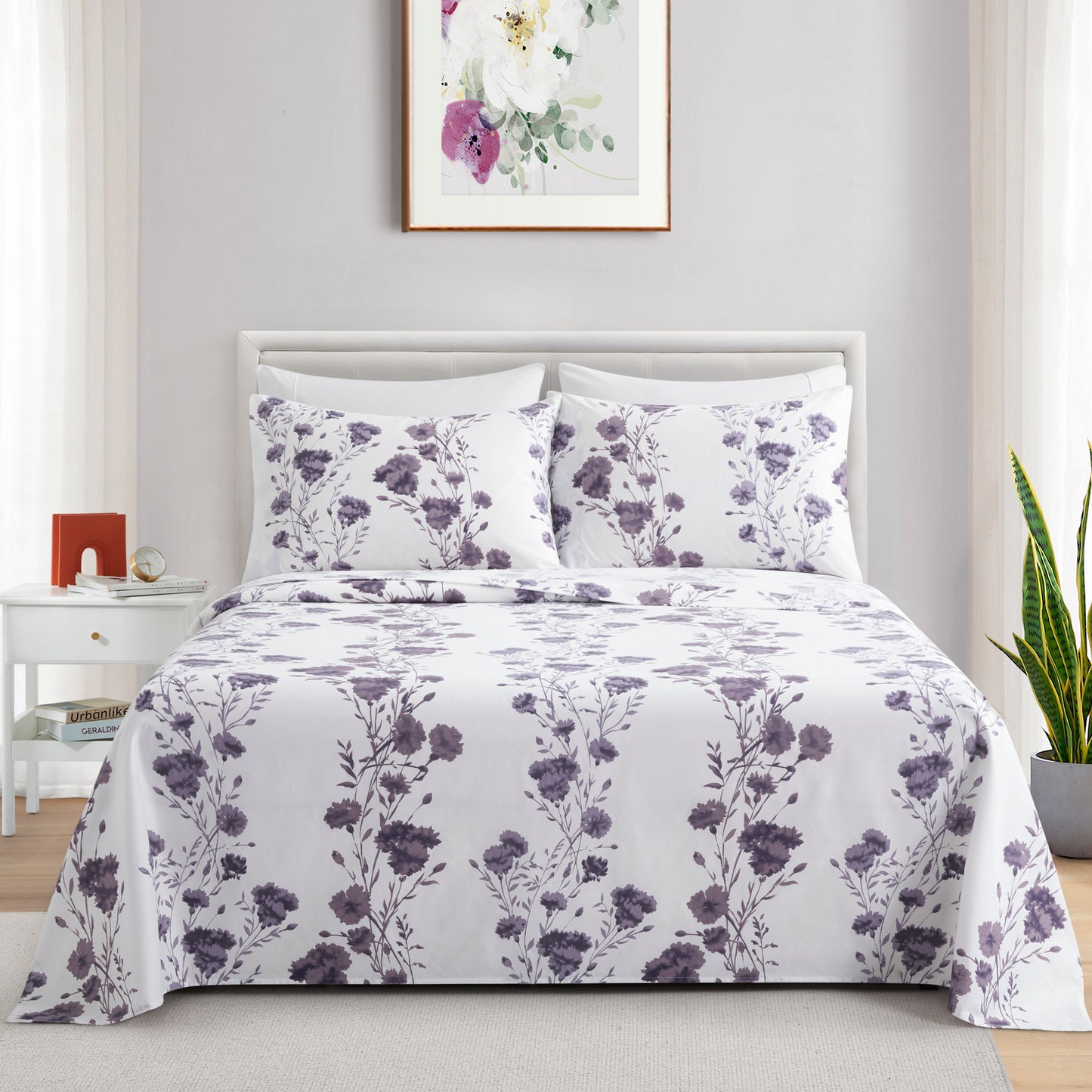 Printed Rayon from Bamboo Soft Deep Pocket Bedding All Season Sheet Set, Purple Carnation Floral