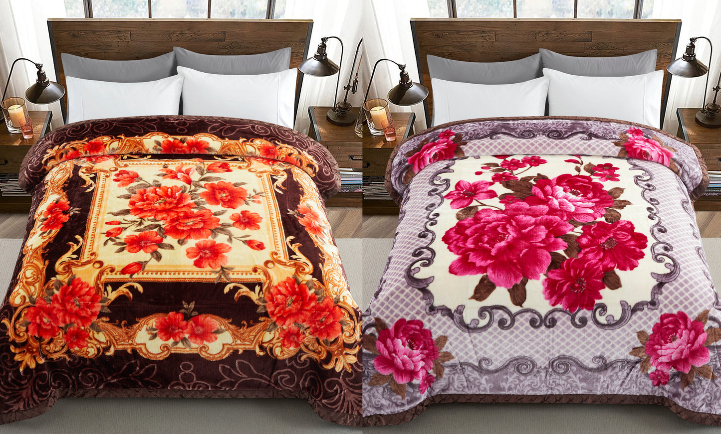 Printed Reversible Woven Fluffy Plush Soft Warm Korean Style 2 Ply Flannel Fleece Throw Mink Blanket, 78" x 86" Red Fuchsia Peony Floral