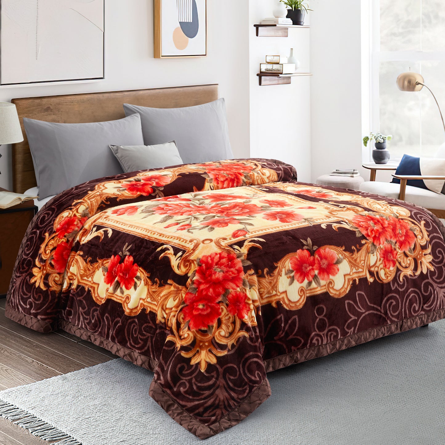 Printed Reversible Woven Fluffy Plush Soft Warm Korean Style 2 Ply Flannel Fleece Throw Mink Blanket, 78" x 86" Red Fuchsia Peony Floral