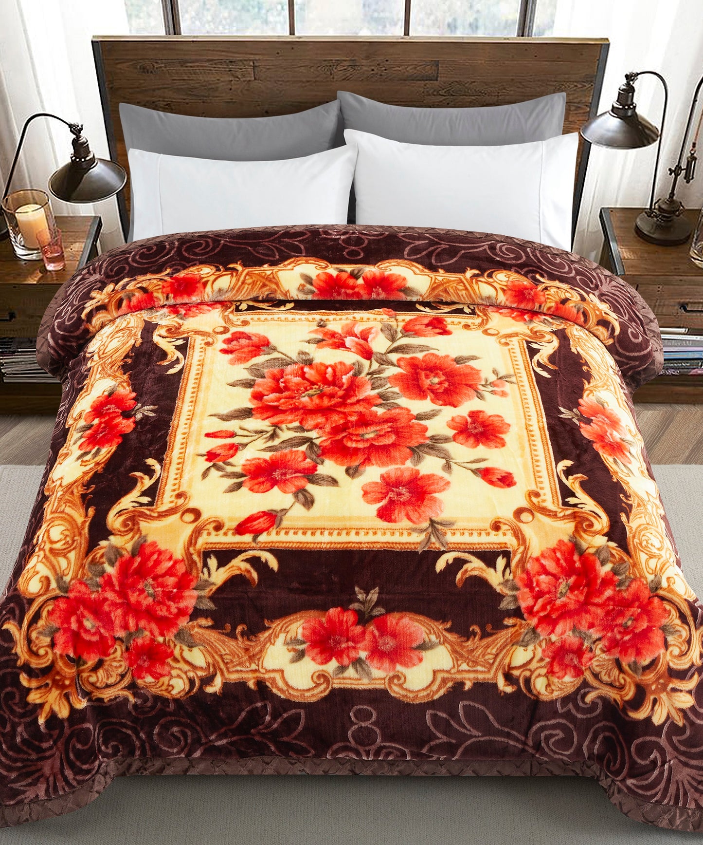 Printed Reversible Woven Fluffy Plush Soft Warm Korean Style 2 Ply Flannel Fleece Throw Mink Blanket, 78" x 86" Red Fuchsia Peony Floral