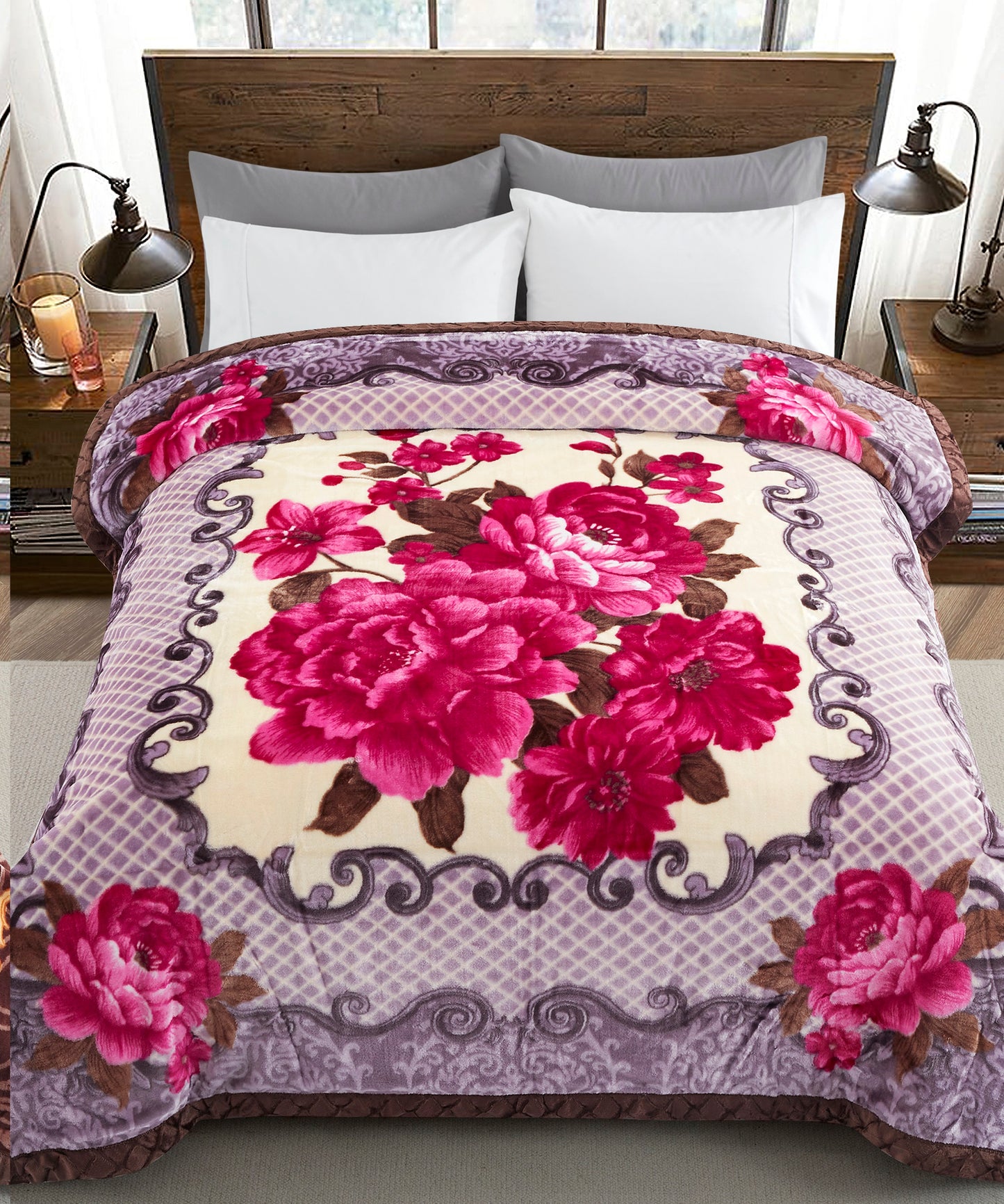 Printed Reversible Woven Fluffy Plush Soft Warm Korean Style 2 Ply Flannel Fleece Throw Mink Blanket, 78" x 86" Red Fuchsia Peony Floral