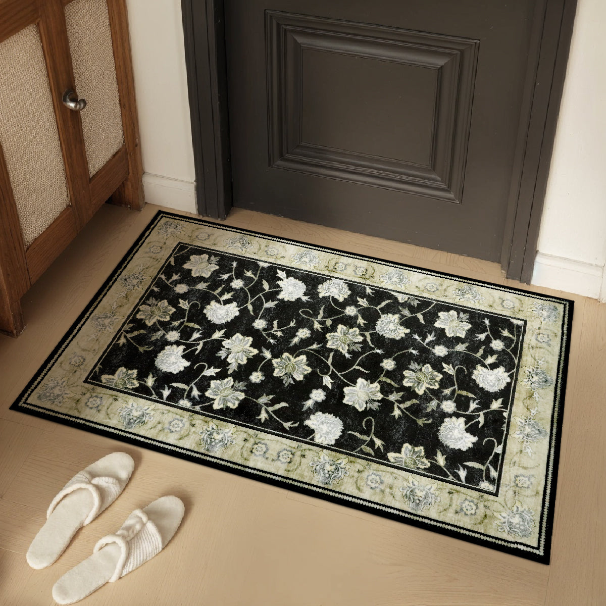 Decor Non-Slip Back Soft Runner Area Carpet Floor Area Rug Indoor Accent Decorative Mat, Elegant Black Cream Floral