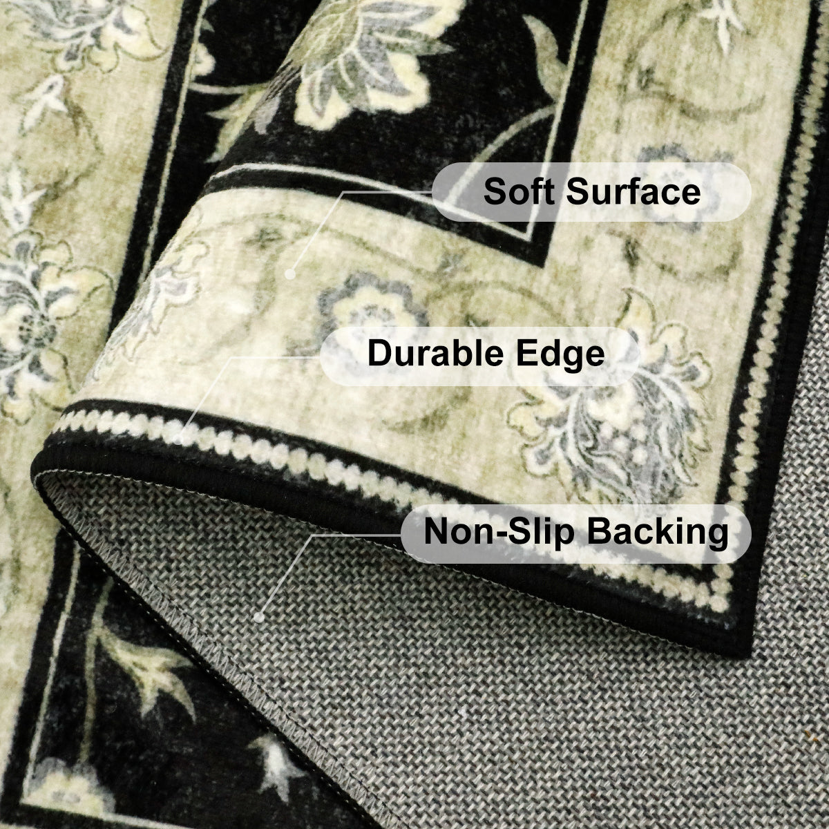Decor Non-Slip Back Soft Runner Area Carpet Floor Area Rug Indoor Accent Decorative Mat, Elegant Black Cream Floral