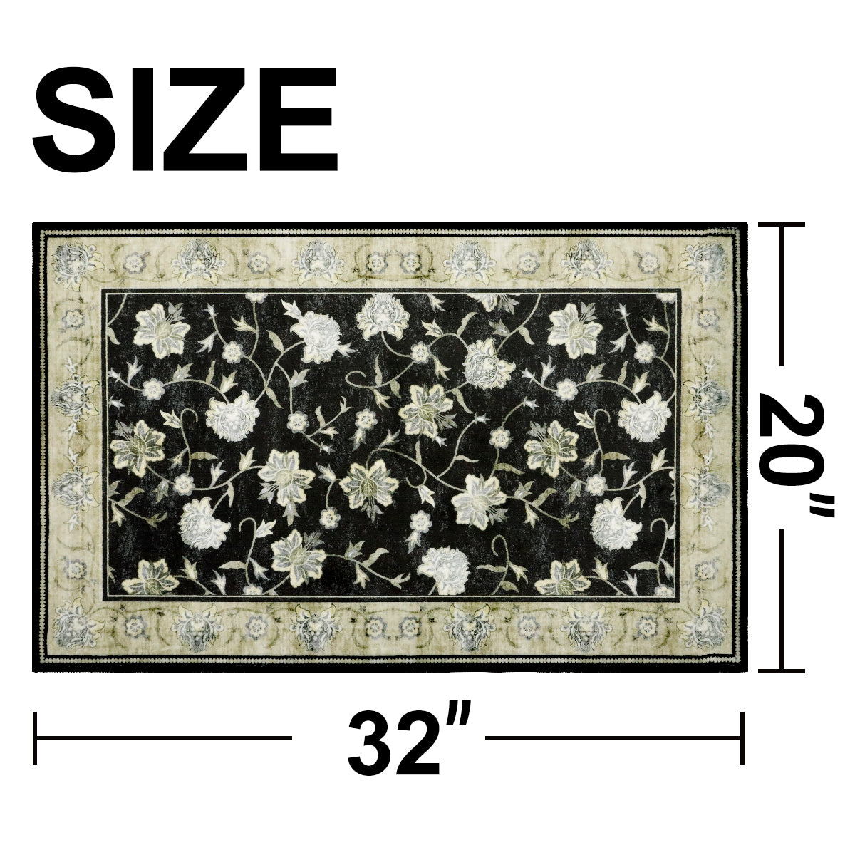 Decor Non-Slip Back Soft Runner Area Carpet Floor Area Rug Indoor Accent Decorative Mat, Elegant Black Cream Floral