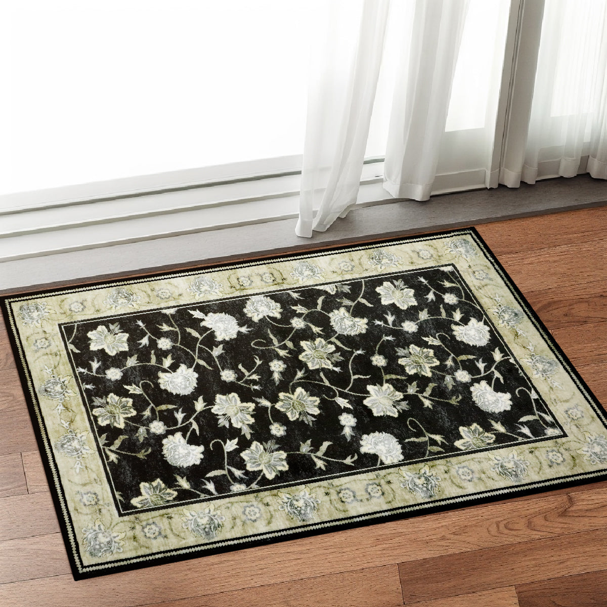 Decor Non-Slip Back Soft Runner Area Carpet Floor Area Rug Indoor Accent Decorative Mat, Elegant Black Cream Floral