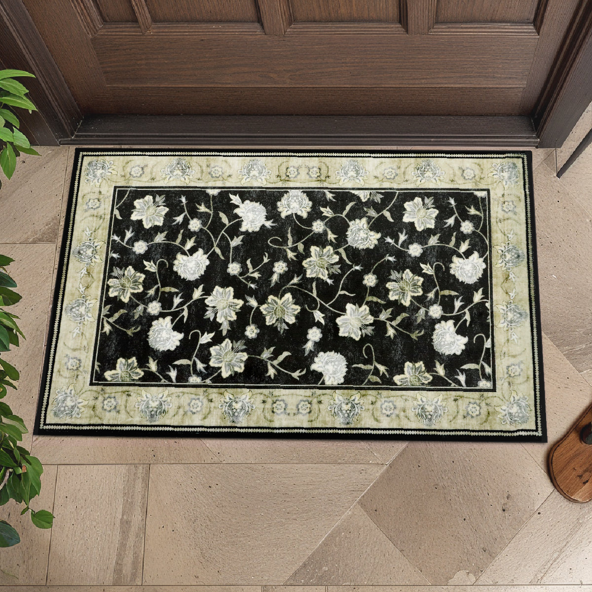 Decor Non-Slip Back Soft Runner Area Carpet Floor Area Rug Indoor Accent Decorative Mat, Elegant Black Cream Floral