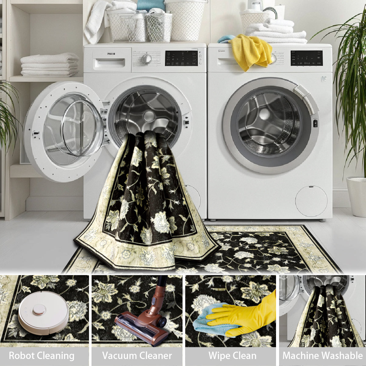 Decor Non-Slip Back Soft Runner Area Carpet Floor Area Rug Indoor Accent Decorative Mat, Elegant Black Cream Floral