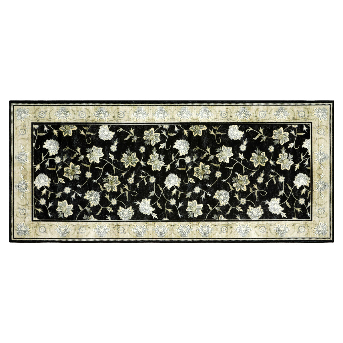 Decor Non-Slip Back Soft Runner Area Carpet Floor Area Rug Indoor Accent Decorative Mat, Elegant Black Cream Floral