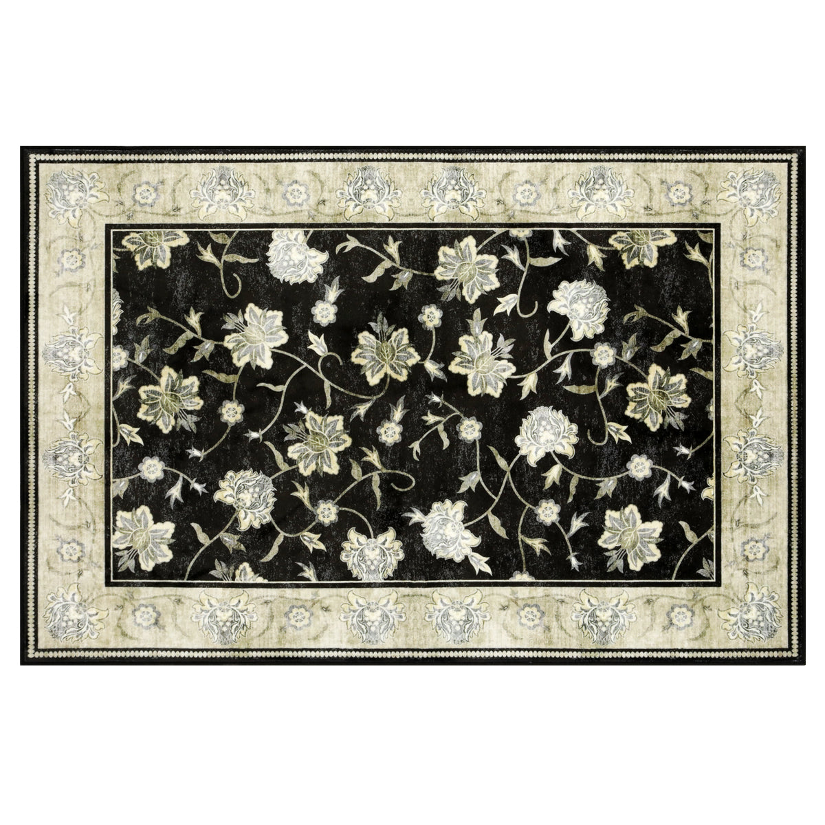 Decor Non-Slip Back Soft Runner Area Carpet Floor Area Rug Indoor Accent Decorative Mat, Elegant Black Cream Floral