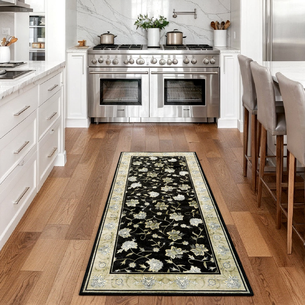 Decor Non-Slip Back Soft Runner Area Carpet Floor Area Rug Indoor Accent Decorative Mat, Elegant Black Cream Floral