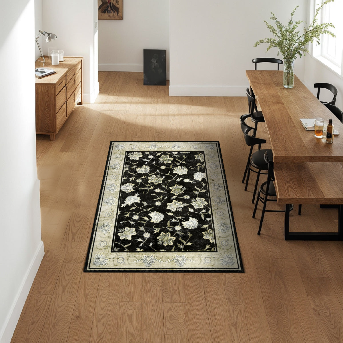 Decor Non-Slip Back Soft Runner Area Carpet Floor Area Rug Indoor Accent Decorative Mat, Elegant Black Cream Floral