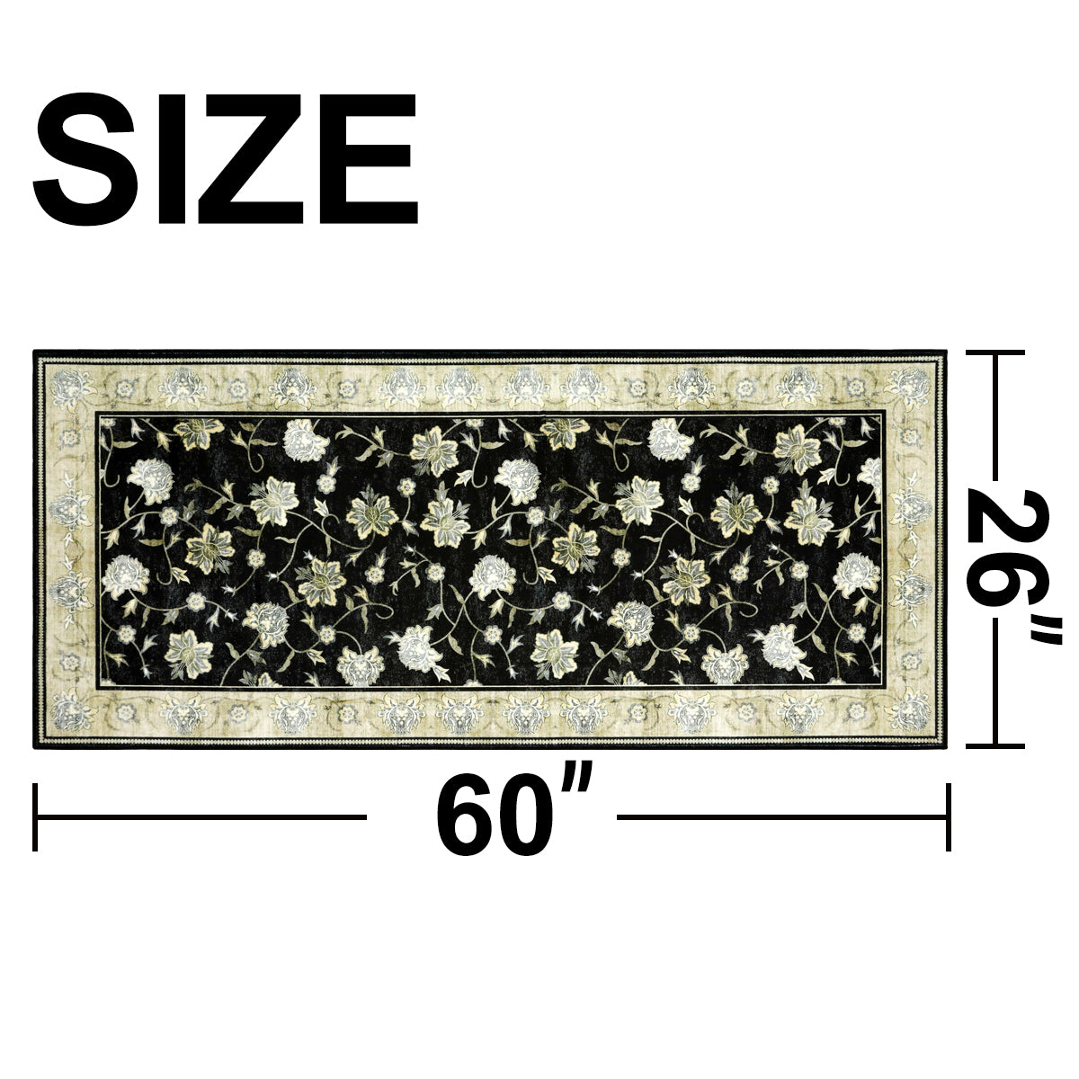 Decor Non-Slip Back Soft Runner Area Carpet Floor Area Rug Indoor Accent Decorative Mat, Elegant Black Cream Floral