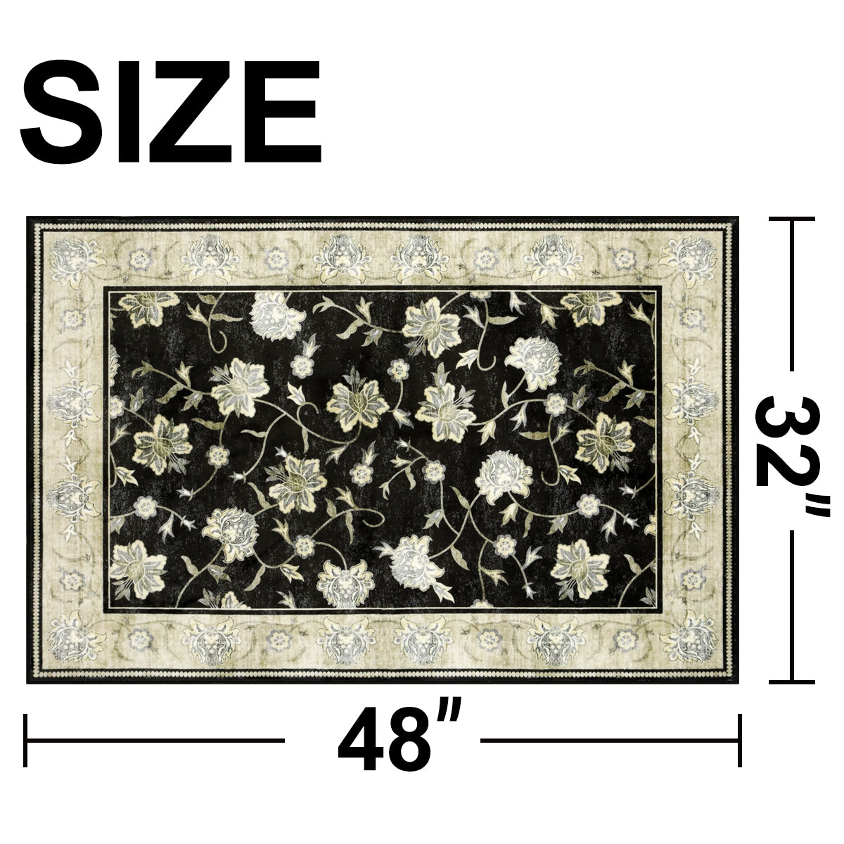 Decor Non-Slip Back Soft Runner Area Carpet Floor Area Rug Indoor Accent Decorative Mat, Elegant Black Cream Floral