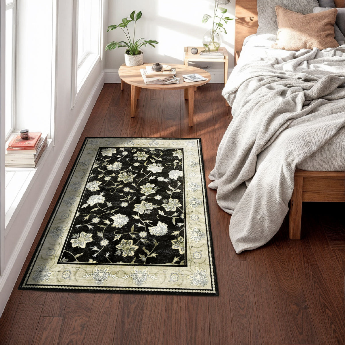 Decor Non-Slip Back Soft Runner Area Carpet Floor Area Rug Indoor Accent Decorative Mat, Elegant Black Cream Floral