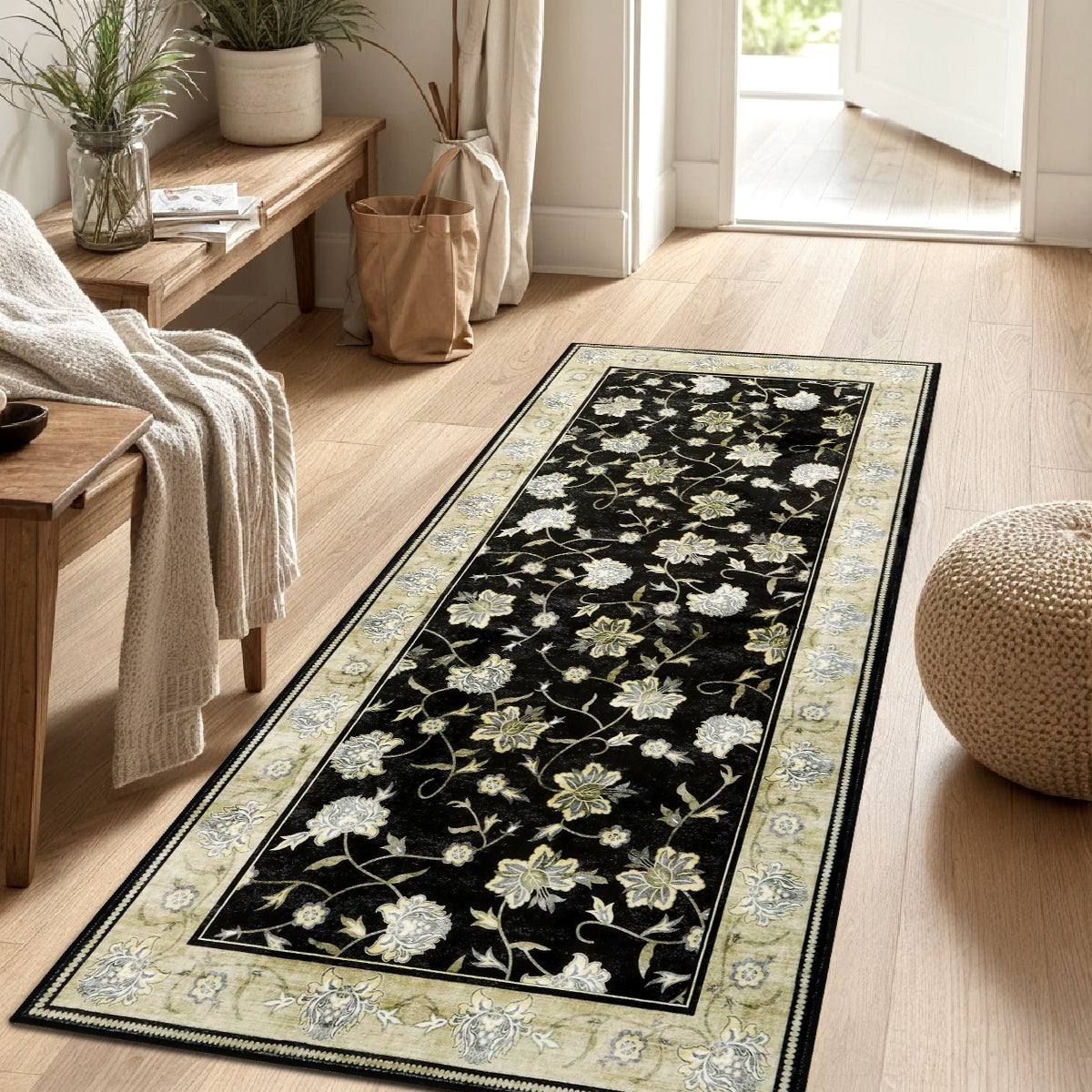 Decor Non-Slip Back Soft Runner Area Carpet Floor Area Rug Indoor Accent Decorative Mat, Elegant Black Cream Floral