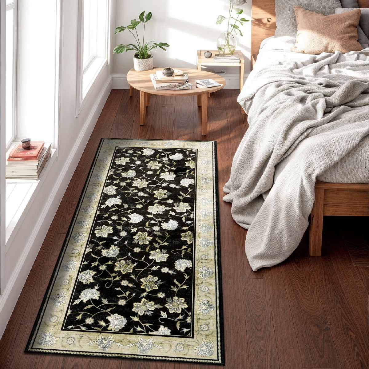 Decor Non-Slip Back Soft Runner Area Carpet Floor Area Rug Indoor Accent Decorative Mat, Elegant Black Cream Floral