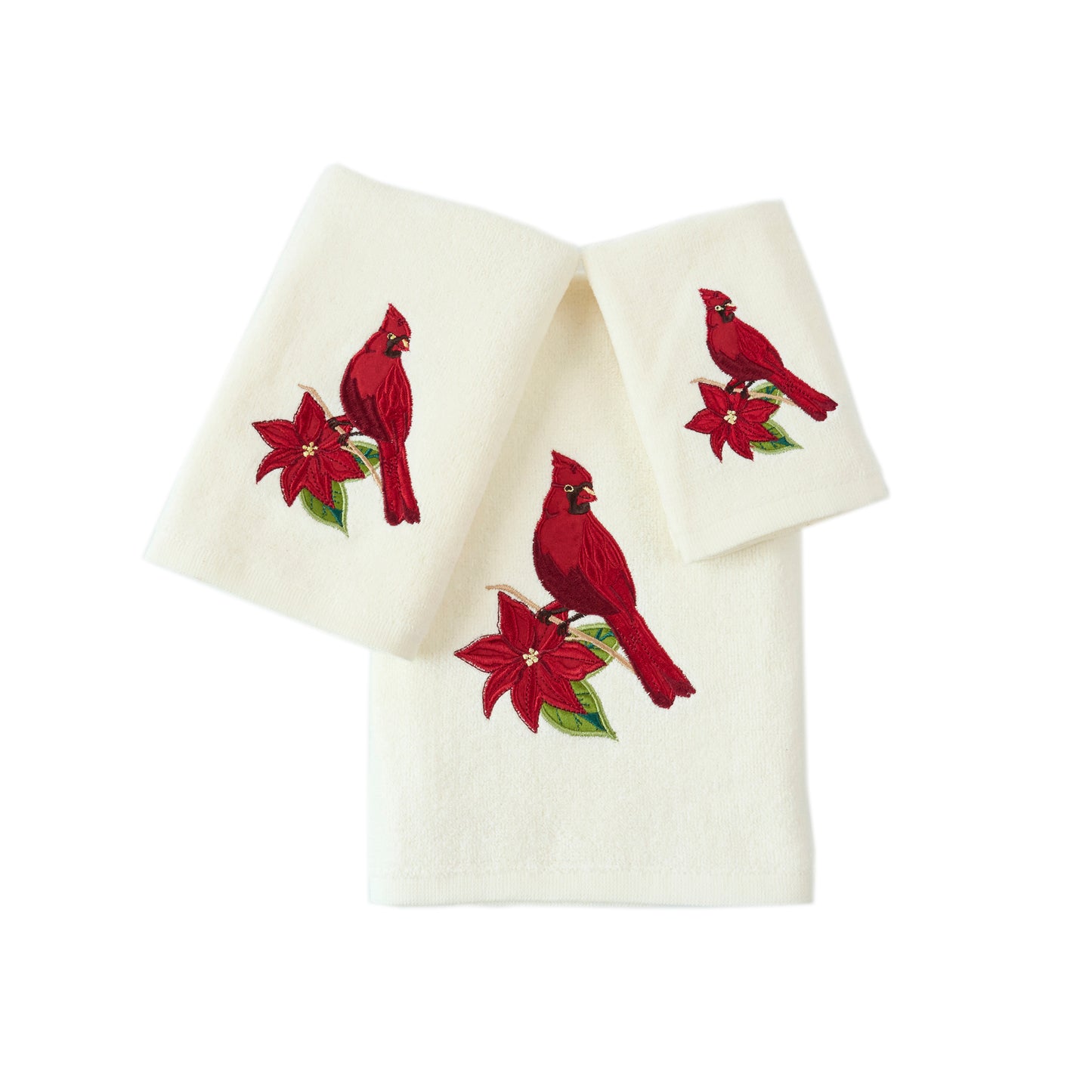 Premium Luxury Xmas Decor Soft 100% Cotton Embroidered Bathroom Christmas 3 Piece Towel Set, Red Cardinal Bird