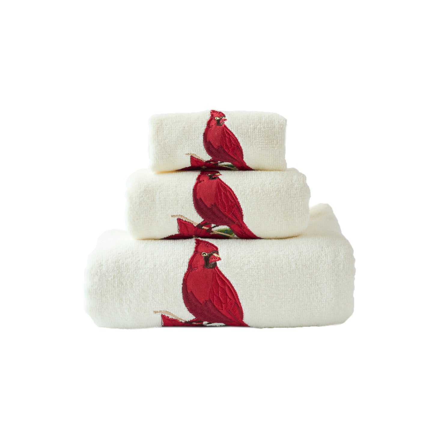 Premium Luxury Xmas Decor Soft 100% Cotton Embroidered Bathroom Christmas 3 Piece Towel Set, Red Cardinal Bird