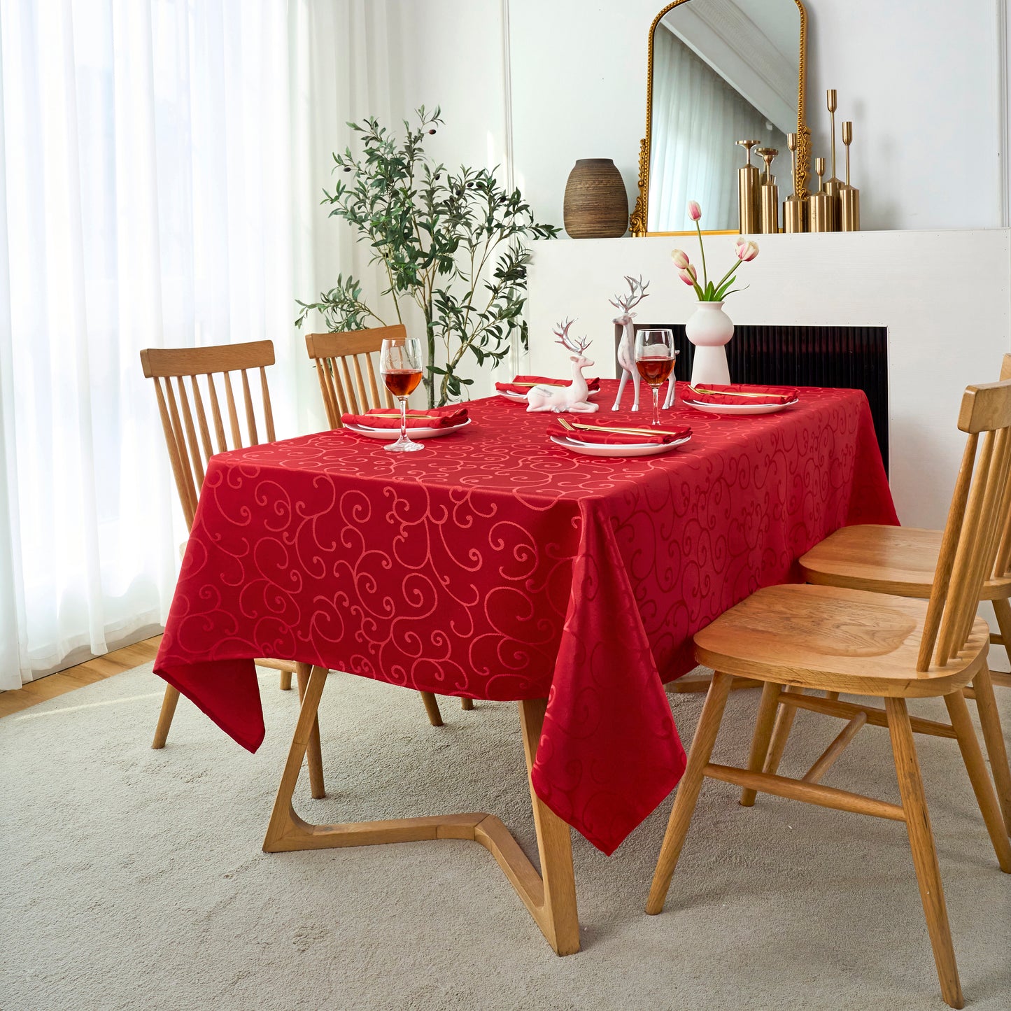 Jacquard Waterproof Thick Luxury Premium Solid Liquid Repellent Stain Resistant Decorative Home Kitchen Tablecloth, Red Color