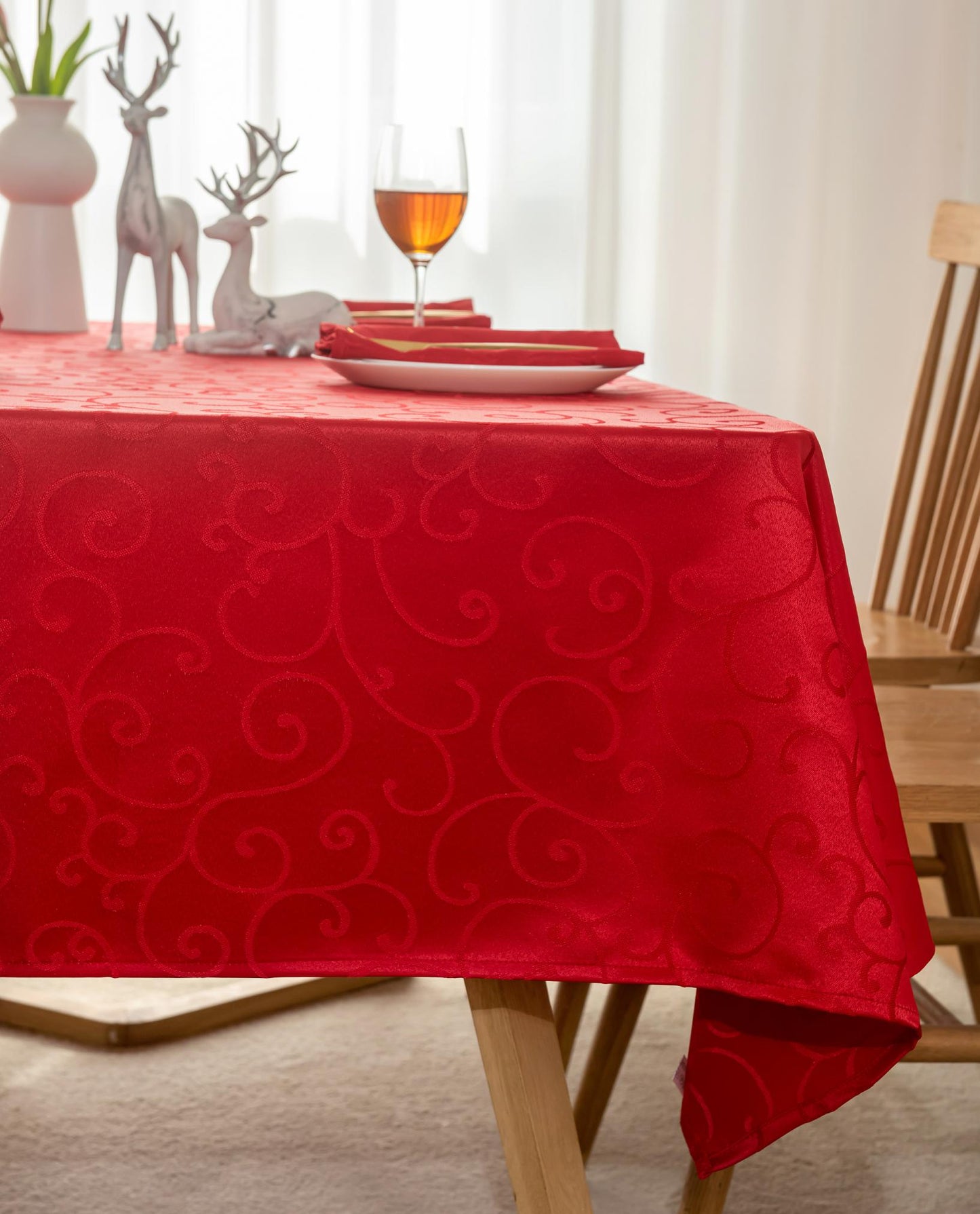 Jacquard Waterproof Thick Luxury Premium Solid Liquid Repellent Stain Resistant Decorative Home Kitchen Tablecloth, Red Color