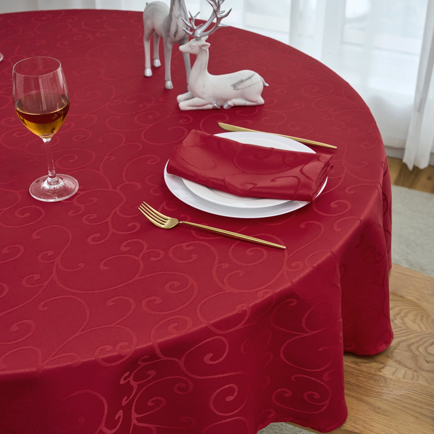Jacquard Waterproof Thick Luxury Premium Solid Liquid Repellent Stain Resistant Decorative Home Kitchen Tablecloth, Red Color