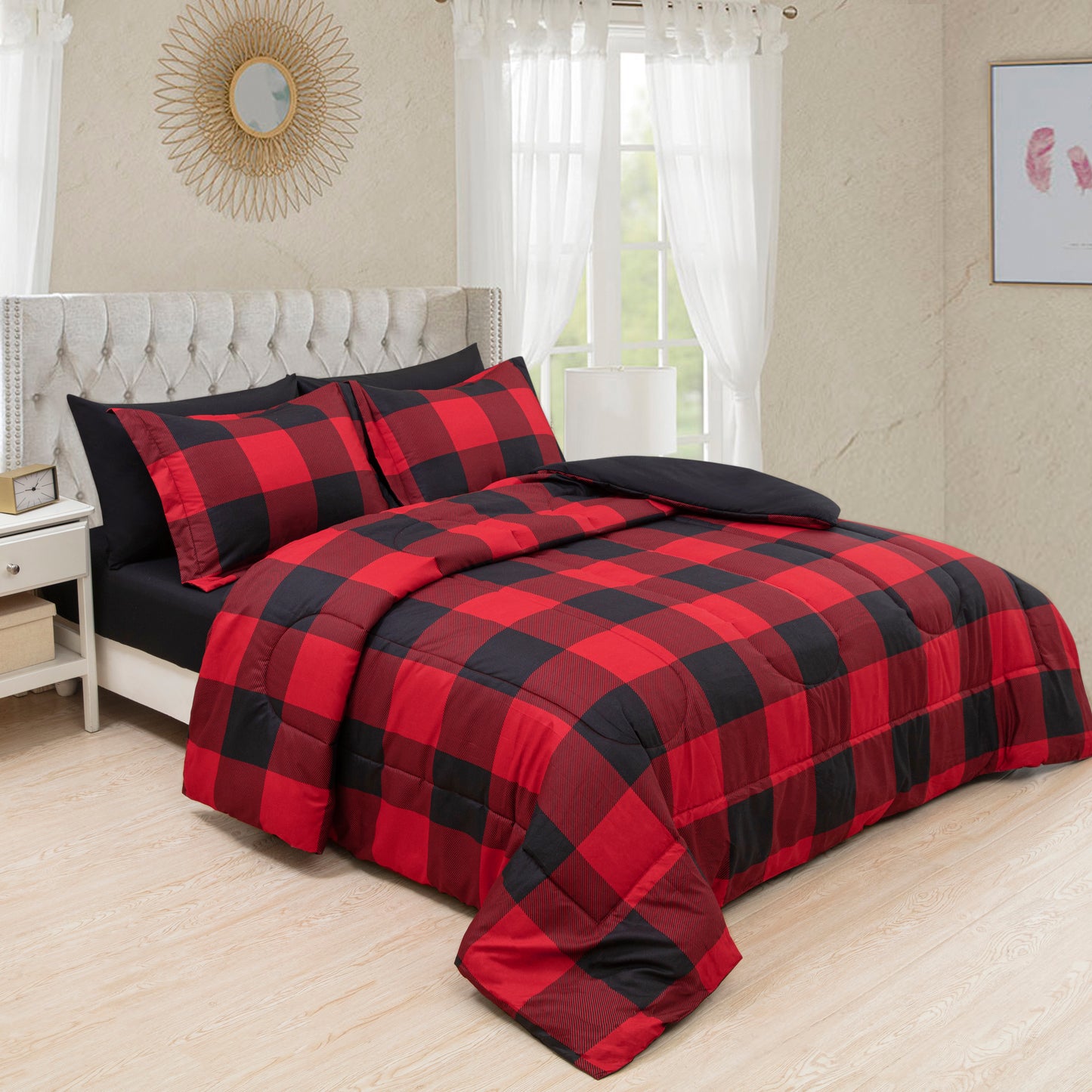 Printed Bed in a Bag Soft Luxury Fluffy Goose Down Alternative Comforter and Sheet Set, Red Black Plaid Pattern